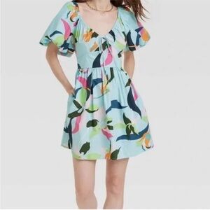 A New Day Pink and Blue Puff Sleeve Mini Dress